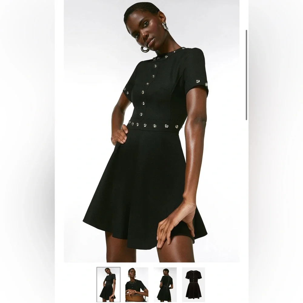 KAREN MILLEN Black Structured Stretch Stud Circular Skirt Dress SIZE 2 - Picture 1 of 4
